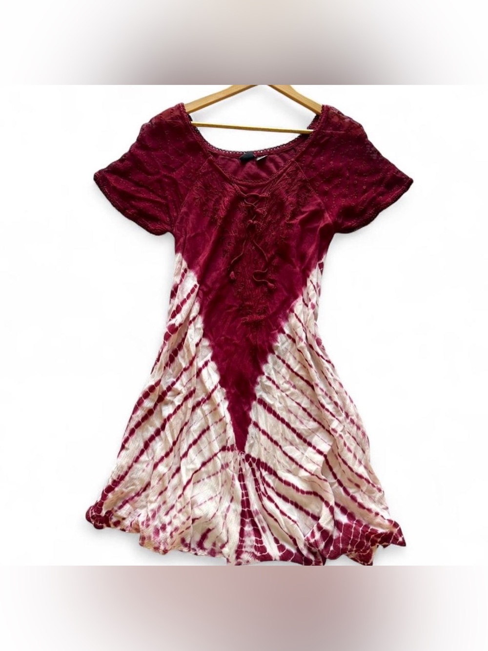 Burgundy and White Tie-Dye Embroidered Boho Hippie Dress